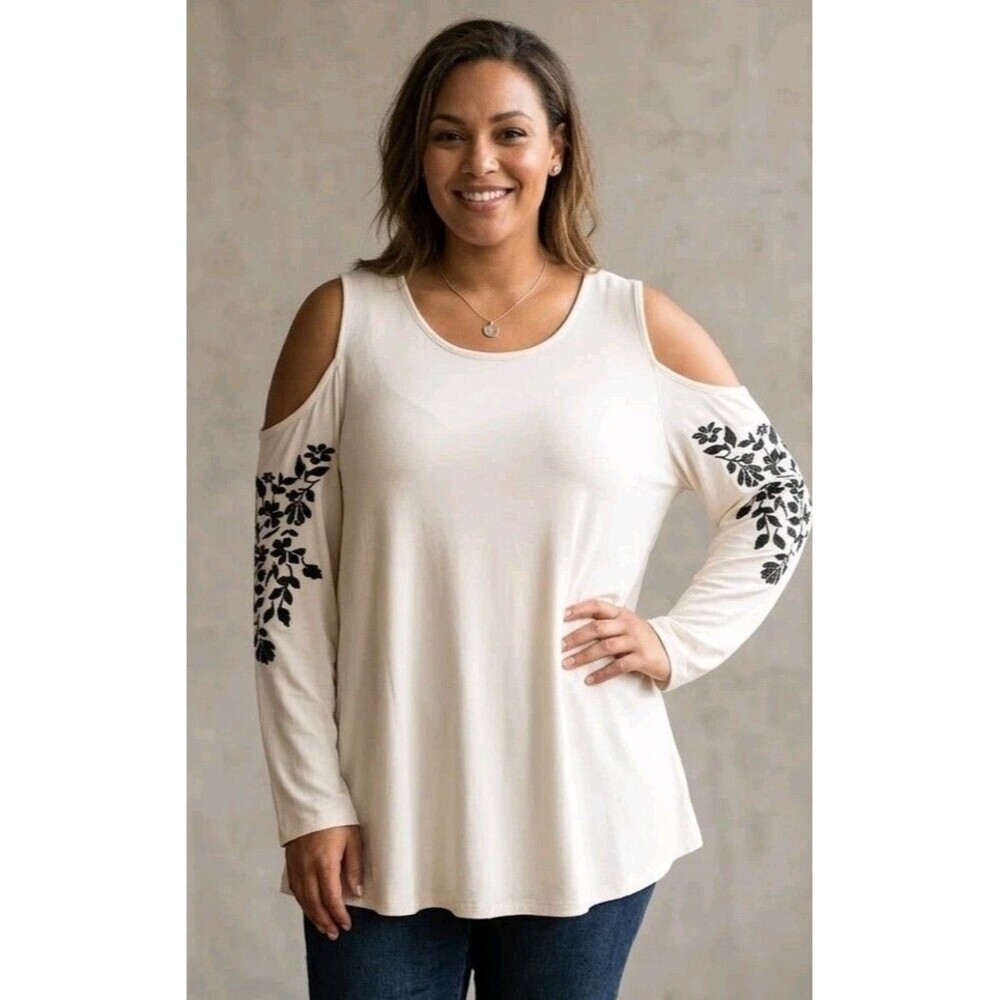 Jessica London Off White Cold-shoulder Top Floral Embroidered Sleeves Size 18/20